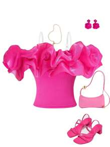 Women's Rose Red Solid Color Minimalist Elegant Textured Asymmetric Neckline T-Shirt, Spring/Summer Pink Top - Hot Pink - View 4