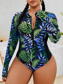 Swim SPRTY Plus Size Women One Piece Zip Up Front Random Print Long Sleeve Slimming Jumpsuit Rash Guard Swimsuit For Beach Holiday Pool Swimming For Summer Beach Vacation - Multicolor - View 3