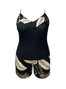 INAWLY 2pcs Plus Size Adjustable Strap Fitted Tank Top And Shorts Set (210G Double Milled Milk Silk) - Black - View 3