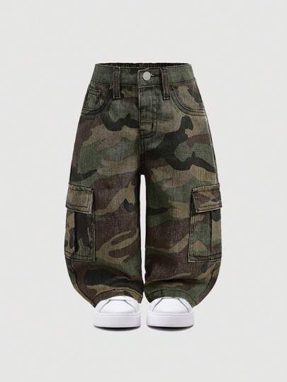 SHEIN Quần Jeans Denim Túi Cargo Camo Rửa Sạch Phong Cách Đường Phố Cho Bé Trai, Đơn Giản Và Đa Năng Cho Quần Áo Thu/Đông Cho Bé Trai