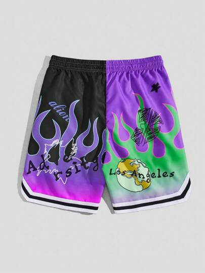 Street Life Women's Casual Summer Street Gradient Flame & Letter Print Drawstring Waist Basketball Shorts With Side Pockets & Striped Rib Trim