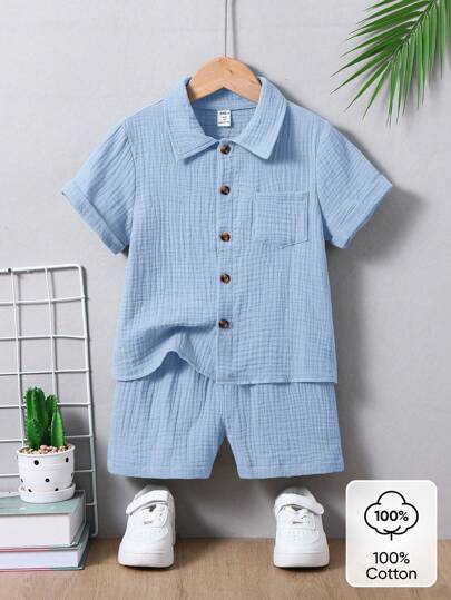 SHEIN 2pcs/Set Young Boy Cotton Short Sleeve Shirt And Shorts Set, Casual Simple Collegiate Style Suitable For Everyday, School, Getaway, Holiday, Travel, Relaxation, Sunbathing, Spring & Summer