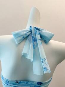 Zolique 2pcs/Set Women's Blue Vacation Printed Halter Top And Mini Skirt Set - Baby Blue - View 8