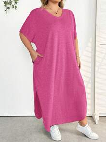 SHEIN CURVE+ Plus Size Women's Spring/Summer New Fashion Commuter Casual Pocket Design Split Robe, Summer Dresses - Hot Pink - View 6