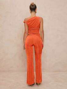 Lumalex 1 件女式金属装饰不对称剪裁两件套短款上衣搭配紧身喇叭裙 - 橘色 - 查看 2