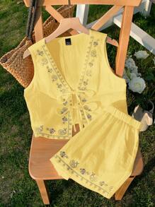 Comfortcana Conjunto de 2 piezas estampado floral amarillo canario de estilo bohemio tejido, para verano - Amarillo - Ver 8