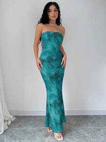 Elenzga 优雅花卉印花露背美人鱼露肩连衣裙，适合夏季长款女装