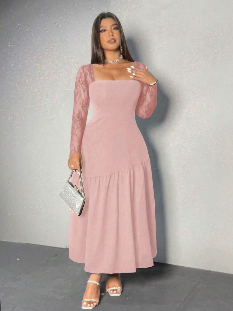 Viva Relle Plus Size Lace Sleeve Wide A-Line Solid Color Dress - Pink - View 1