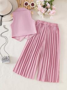 SHEIN 2件套女童红色无袖西装背心和阔腿百褶裤套装，优雅商务套装，时尚端庄的女童裤装套装，女童配套套装，女童吊带背心和阔腿裤套装，儿童百褶裙套装，幼儿女童百褶裤套装 - 粉色 - 查看 2