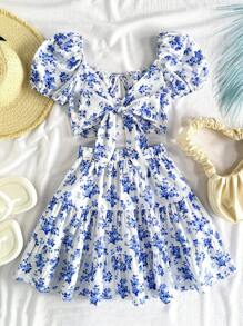 青少年女孩休闲夏季复古碎花泡泡袖短袖方领后背装饰蝴蝶结衬衫和多层荷叶边下摆印花裙 2 件套