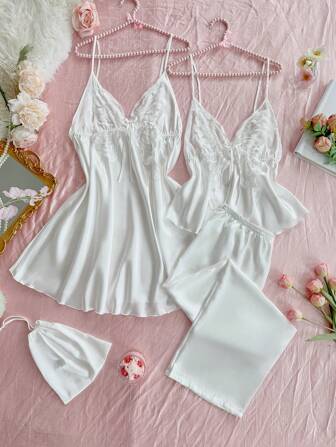 SilkySpell 4pcs Ladies Sexy Deep V Neck Camisole Nightgown Set, With Elegant Satin Long Pants, Plus Size Sleepwear Suitable For All Seasons