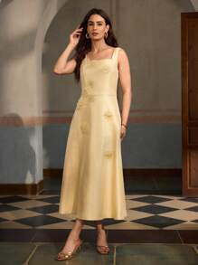 ZEYLAH Vestido de cuello cuadrado con detalle de flor estéreo - Verde - Ver 4