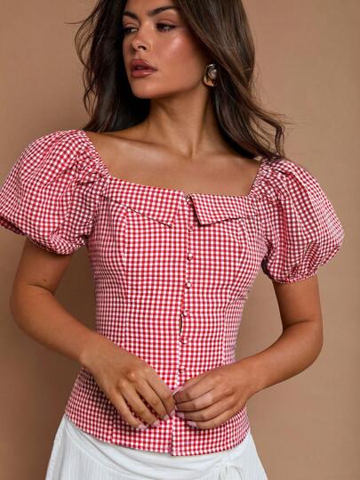 COSMINA Women's Plain & Plaid Pattern Shirt, Fashionable For Summer