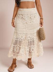 Freevana Plus Size Casual Solid Color Hollow-Out Knit Sweater Skirt Western Wear Women Crochet Ibiza Butter Yellow Summer For Women Beach For Woman Vacation Women Beach Boho Rave Country Concert Festival Brunch For Women Beach Vacation Graduation Old Money In Fall/Winter