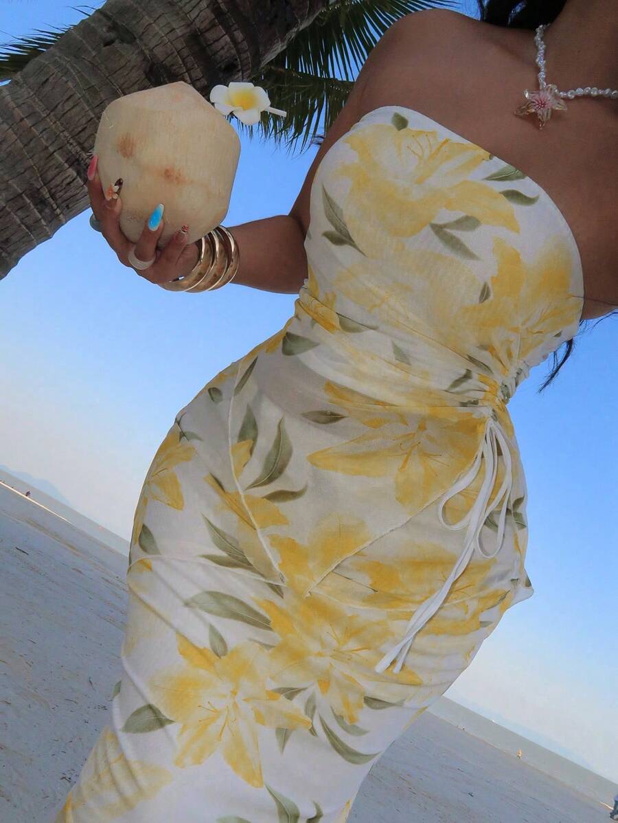 Sunnyshic 2 件大码女士套装：抹胸上衣和花卉中长裙，夏季 - 彩色 - 查看 1