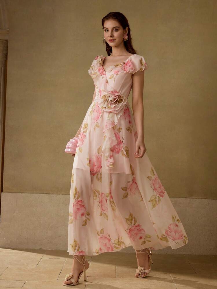 CHIFFON FLORAL PRINT RUFFLE TRIM STEREO FLOWER WAIST DRESS