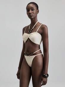 Ontre Conjunto de Traje de Banho para Mulheres de Estilo de Férias, Maiô Branco com Contas Decoradas Aleatoriamente, Maiô Preto, Conjunto de Natação de Praia, Nova Moda em 2025 - Branco - Visão 4
