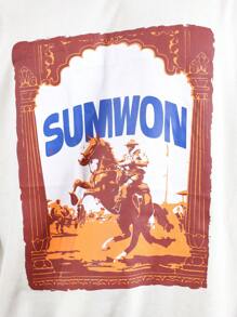 SUMWON 超大西部牛仔图案 T 恤复古风格骑马休闲都市街头服饰节日 T 恤 - 杏色 - 查看 4