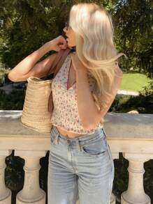 Pariaura 女式夏季V领黄色花卉印花法式袖T恤 - 黃色 - 查看 4