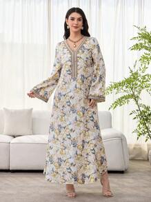 SHEIN Najma 女士花卉印花、钩针拼布、长袖连衣裙、端庄优雅的 A 字形卡夫坦和 Jalabiya 连衣裙，适合晚会/婚礼嘉宾/周年纪念/日常穿着 - 彩色 - 查看 6