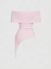 SHEIN MOD Women's Solid Color Cinched Waist Off Shoulder Tie-Up Top ,Women Summer Clothes, Vacation, Pink, Country Concert,Y2k Tops - Pink - View 2