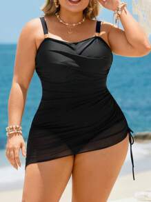 Swim Lushoire Bộ đồ bơi liền mảnh màu trơn cỡ lớn có chi tiết xoắn, đồ đi biển cho nữ - màu đen - Xem 5