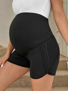 SHEIN Adjustable Waist Maternity Solid Color Pockets Casual Versatile Shorts - Black - View 3