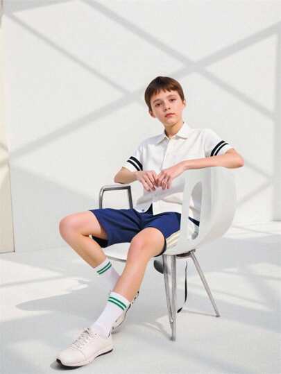 SHEIN 青少年男孩休闲拼色条纹短袖衬衫，夏季