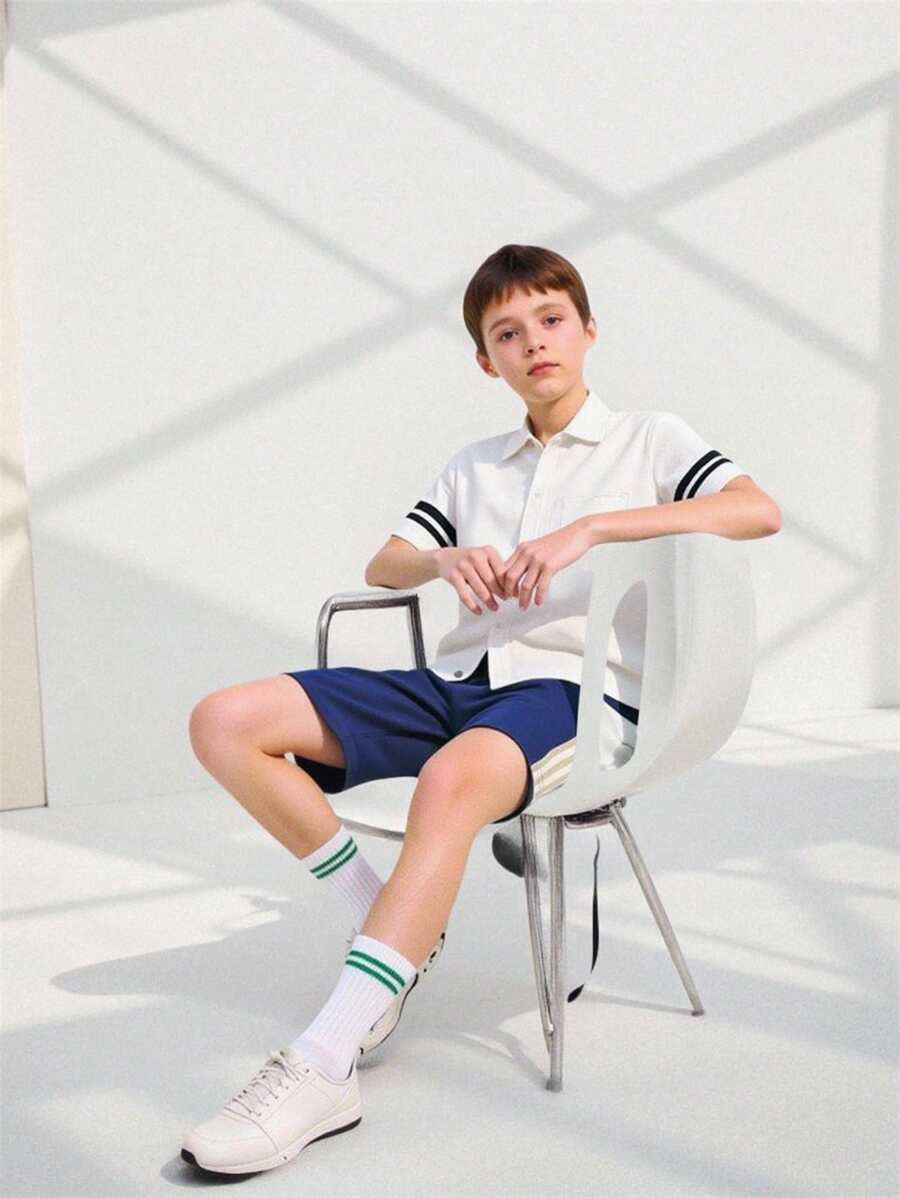 SHEIN Big Boy Black And White Checkered Short Sleeve Shirt, Summer Casual School Back-To-School, Outdoor Style Webbing Design Moisture Wicking Textured Top - White - View 1