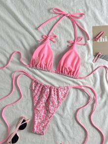 SHEIN Conjunto de 2 piezas para mujer con parte superior de triángulo con estampado floral aleatorio y Bottom de bikini, ideal para verano, playa y vacaciones