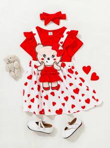SHEIN Playful Pals Baby Girl Red Suspender Skirt Romper Set With Cute Bear Pattern - Red - View 3