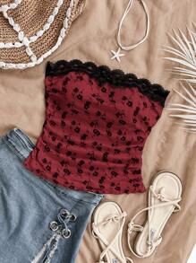 Soleia Summer Vacation Women Casual Apricot&Black Floral Print Spliced Lace Pleated Bow Top