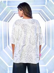 Rick and Morty X SHEIN Áo thun tay ngắn cổ tròn họa tiết hoạt hình cỡ lớn, mùa hè - Nhiều màu - Xem 2