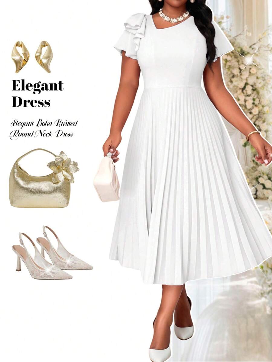 Fleurora فساتين الربيع والصيف الأنيقة والكاجوال بوهو مع رقبة مستديرة، وأكمام منفرجة مزخرفة، وتنجيد منبوطة، وأكمام قصيرة للمقاسات الكبيرة - أبيض - مشاهدة 1