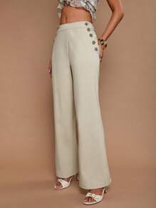 COSMINA Women's Solid Color Side Slit Elegant Office Wide Leg Pants - Beige - View 1