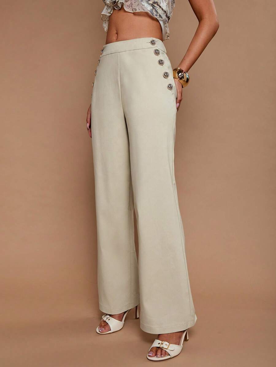 COSMINA Women's Solid Color Side Slit Elegant Office Wide Leg Pants - Beige - View 1