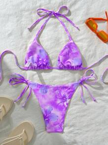 Swim Vcay Conjunto de bikini con top de atar cuello halter y estampado aleatorio, sexy para verano