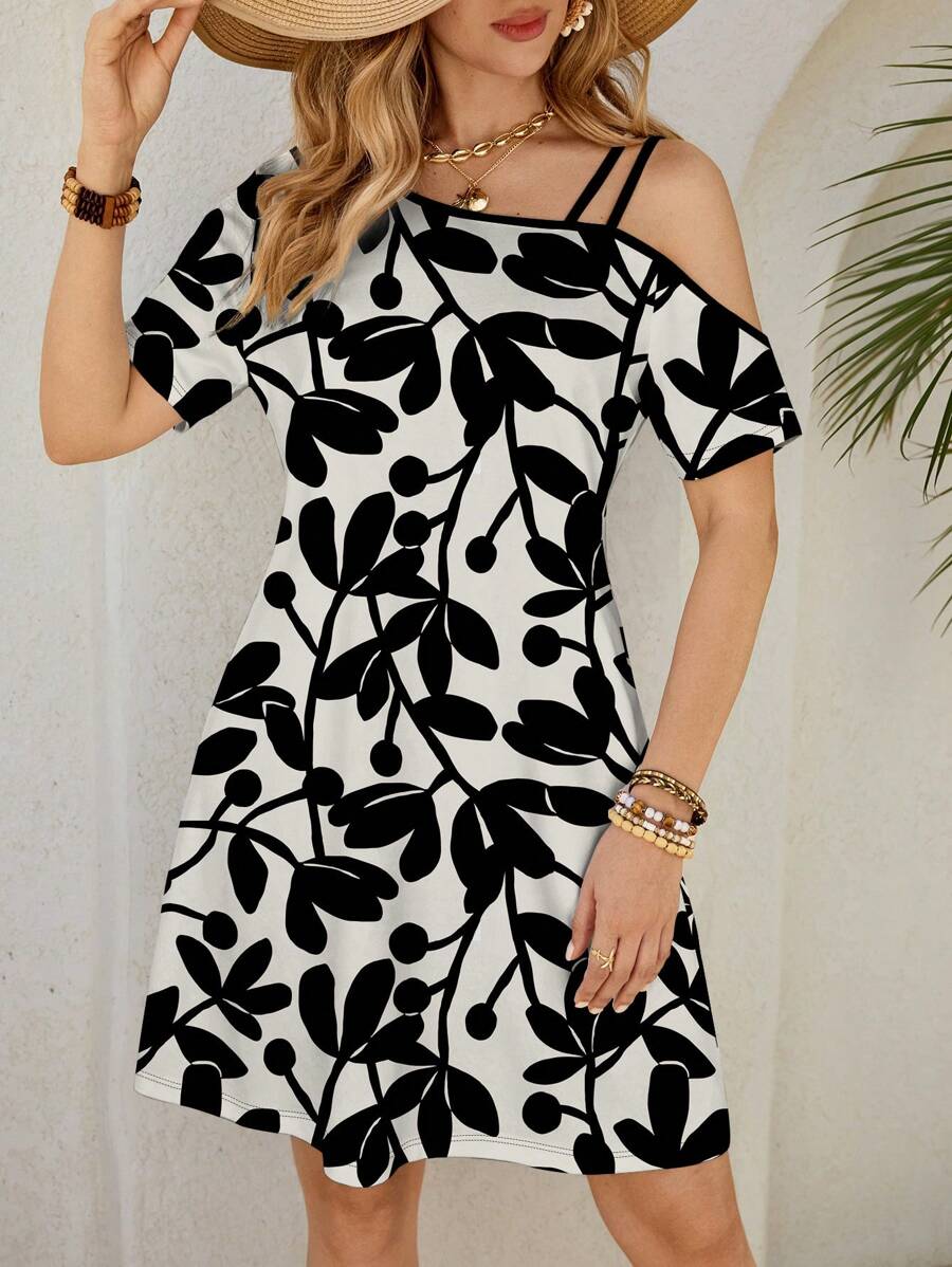 Glamance MB Studio Women's Elegant Black And White Silhouette Print Off Shoulder Mini Dress Office Women Outfits Going Out Outfits Work Clothes - Black - View 1