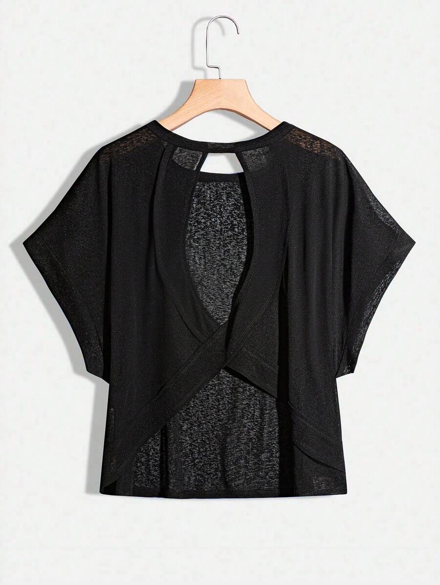 SHEIN Essnce Áo thun tay ngắn hở lưng, thoáng khí, thoải mái hàng ngày, chất liệu vải thoáng khí, thoáng khí, thời trang xuân hè cỡ lớn cho nữ, Y2k, trang phục dạo phố, áo đi chơi, mùa hè châu Âu, cho ngày tựu trường - màu đen - Xem 1