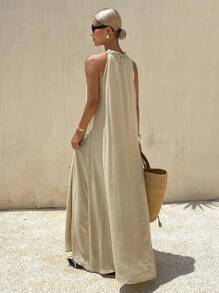 Livesso 女式无袖纯色露背系带中长连衣裙，夏季亚麻 - 米色 - 查看 3