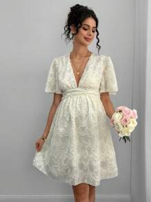 Momance 孕妇V领纯色短袖优雅夏季孕妇装 - 杏色 - 查看 1