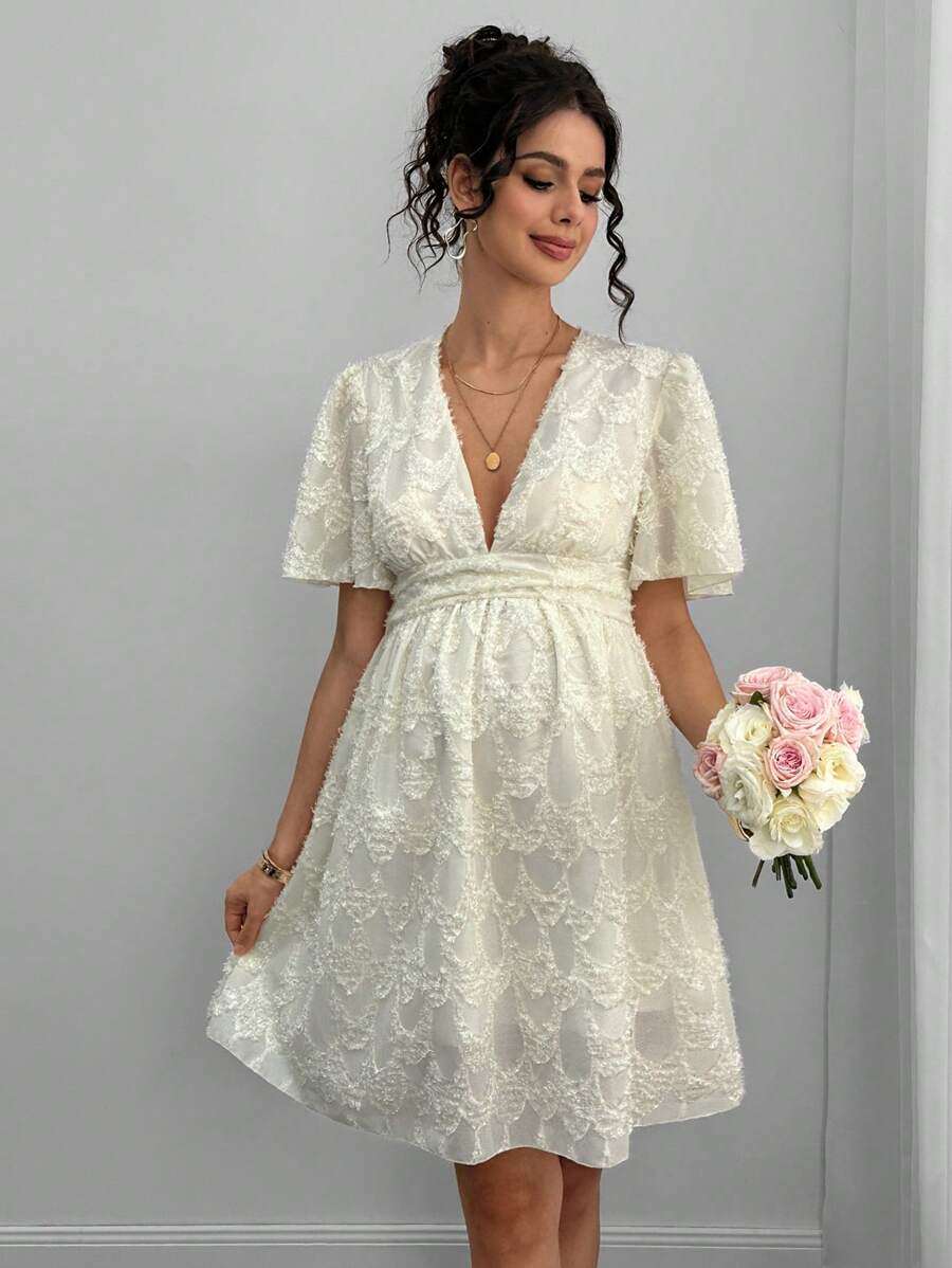 Momance 孕妇V领纯色短袖优雅夏季孕妇装 - 杏色 - 查看 1