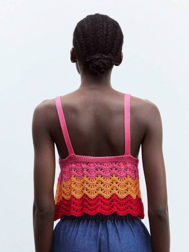 SHEIN Maija 女性用コントラストカラー ノースリーブVネッククロップド 波柄ニットトップ