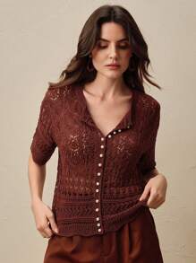 Anewsta 女士优雅镂空针织短袖开衫，春夏 - 酒紅色 - 查看 4