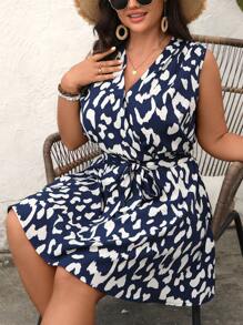 SHEIN PETITE Plus Size Women Sleeveless Leopard Print Dress - Blue - View 3