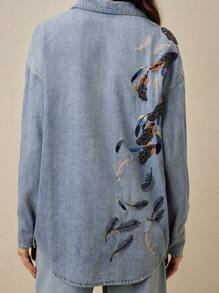 Anewsta Women's Embroidered Denim Shirt, Blue - Blue - View 4
