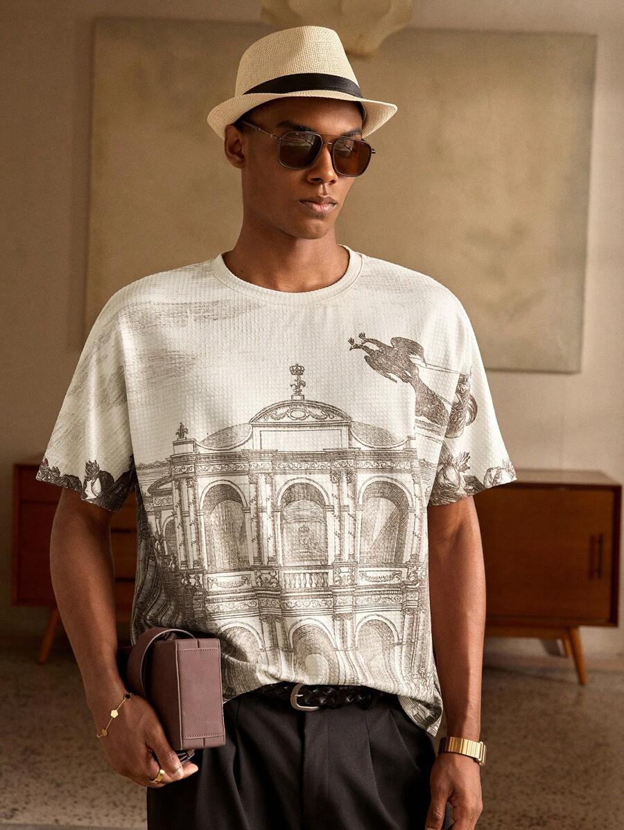 Manfinity BRENVOR Áo thun nam cổ tròn tay ngắn in họa tiết quả mơ phong cách mới mùa xuân/hè Pesri Fashion đa năng - Màu be - Xem 1