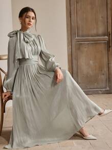 Anewsta Women's Long Grayish Green Dress, Pleated Waist, Shiny Fabric, Elegant & Versatile, Spring/Autumn - Turquoise - View 5