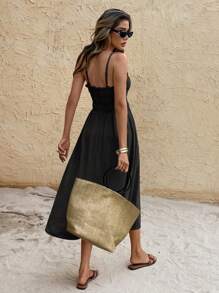 Serisse Abito midi da donna con colore unito, arricciature sulla parte anteriore, tasche e senza maniche, adatto per le vacanze