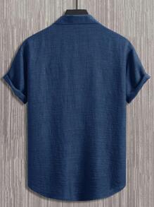 Manfinity Homme 男士休闲蓝色短袖纽扣衬衫 - 藏蓝色 - 查看 2